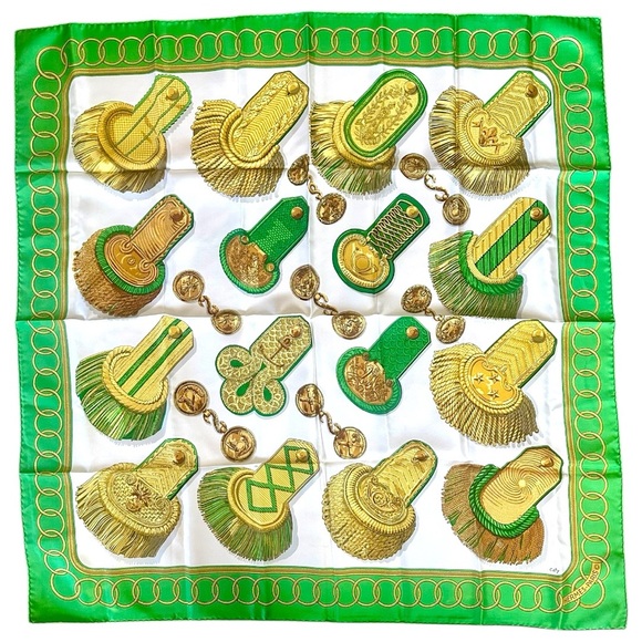 Hermès Paris Green & Gold Military Epaulettes Silk Scarf Carre 90 w/Box - Picture 2 of 13
